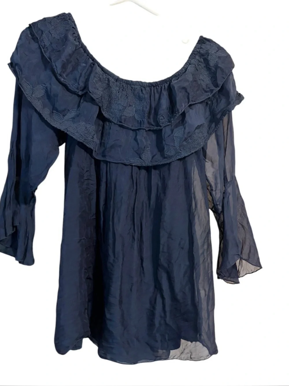 Le Marais Paris Silk Off Shoulder Ruffle Blouse Navy M